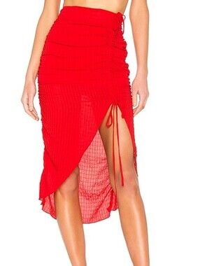 Lovers + Friends Brooke Bold Red Side Cinch Midi Skirt Sz L